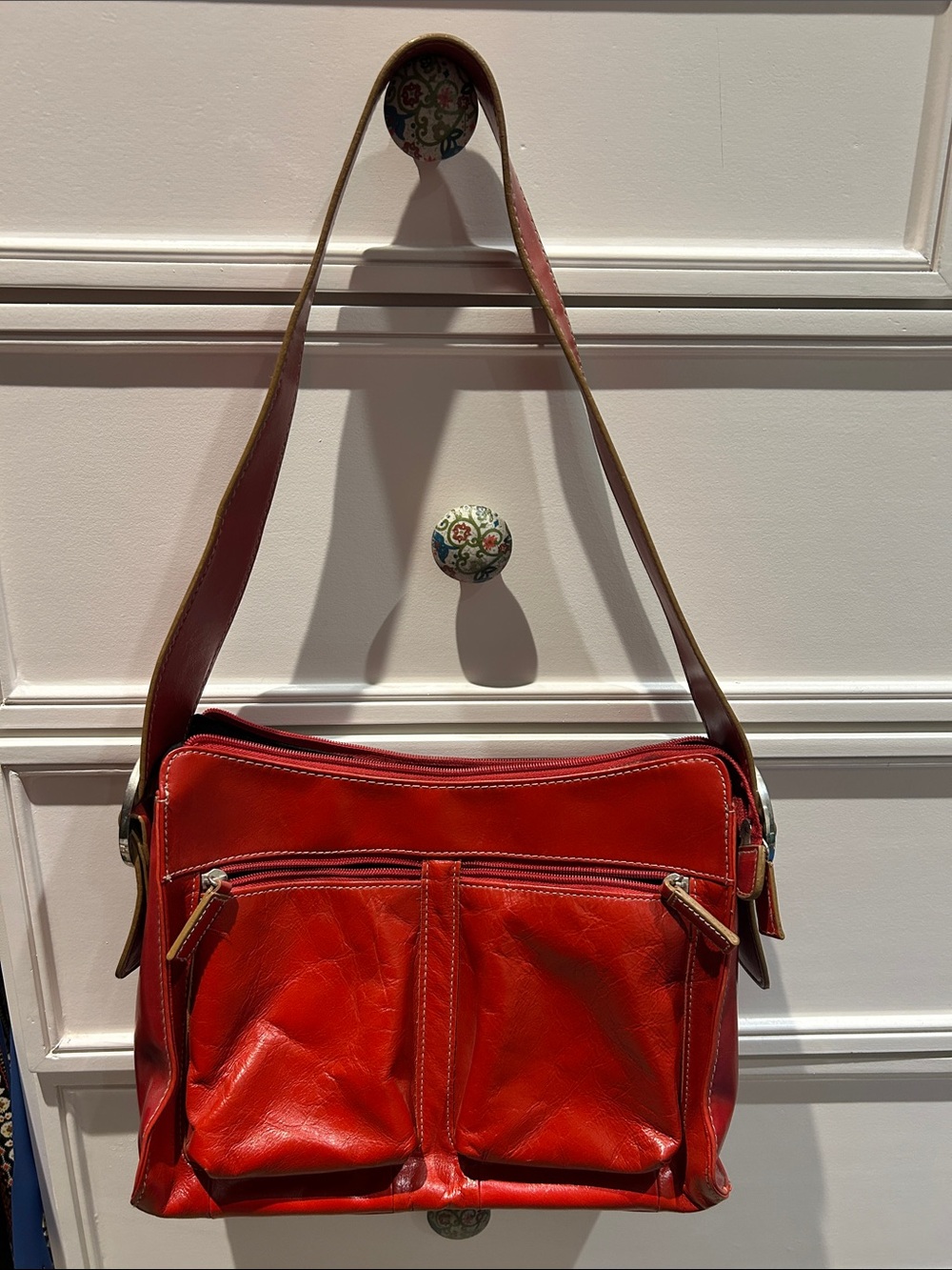 Worthington Red Leather Shoulder Bag with Front Pockets